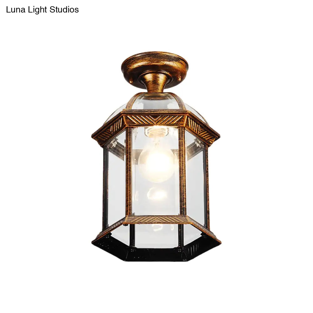 Traditional Flush Mount Cage Lantern With Single Bulb In Black/Brass 8’/9.5’ Wide