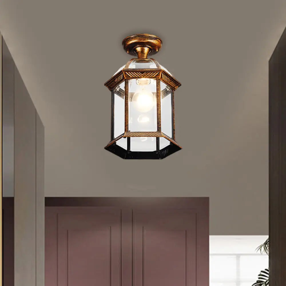 Traditional Flush Mount Cage Lantern With Single Bulb In Black/Brass 8’/9.5’ Wide Brass / 8’