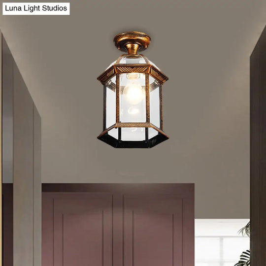 Traditional Flush Mount Cage Lantern With Single Bulb In Black/Brass 8/9.5 Wide Brass / 8