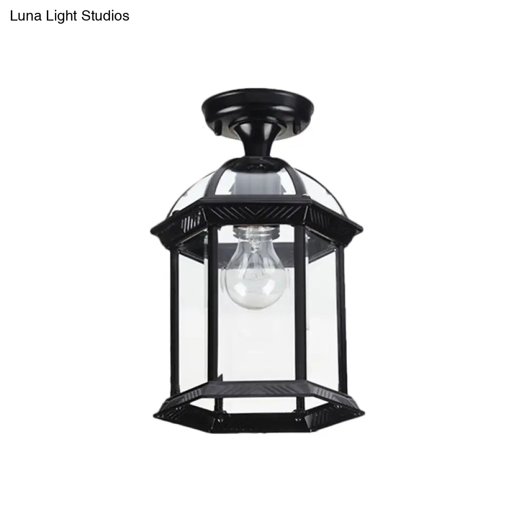 Traditional Flush Mount Cage Lantern With Single Bulb In Black/Brass 8/9.5 Wide