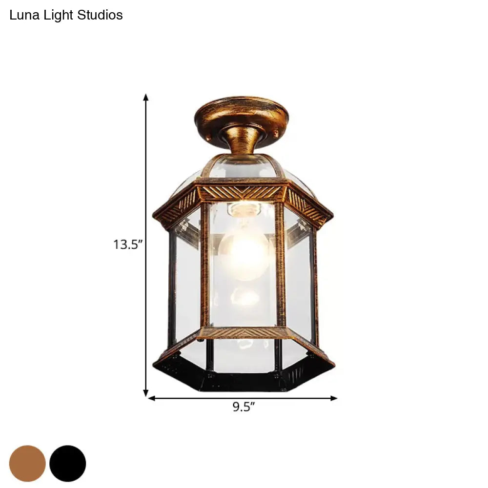 Traditional Flush Mount Cage Lantern With Single Bulb In Black/Brass 8’/9.5’ Wide