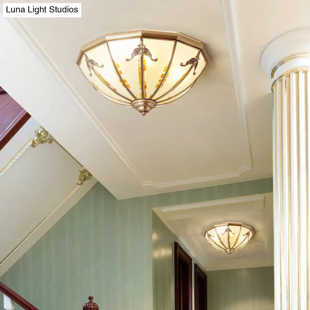 Traditional Flush Mount Ceiling Light With Frosted Glass Shade - Brass Finish 14’/18’ Width 3/4