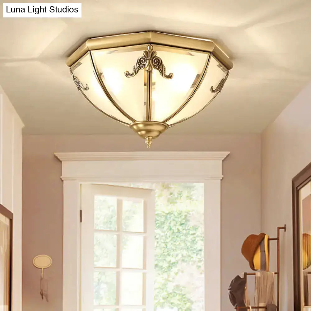 Traditional Flush Mount Ceiling Light With Frosted Glass Shade - Brass Finish 14’/18’ Width 3/4