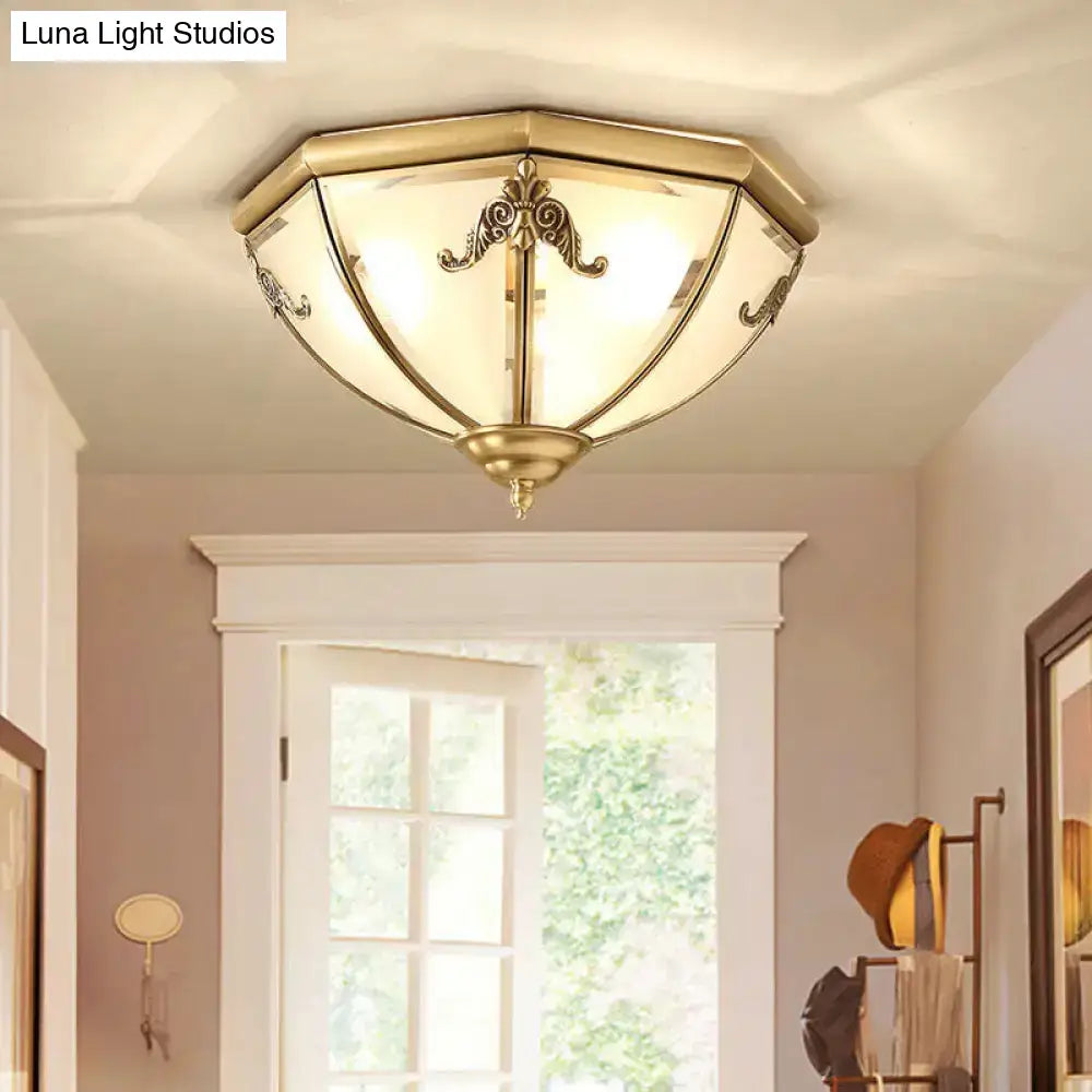 Traditional Flush Mount Ceiling Light With Frosted Glass Shade - Brass Finish 14’/18’ Width 3/4