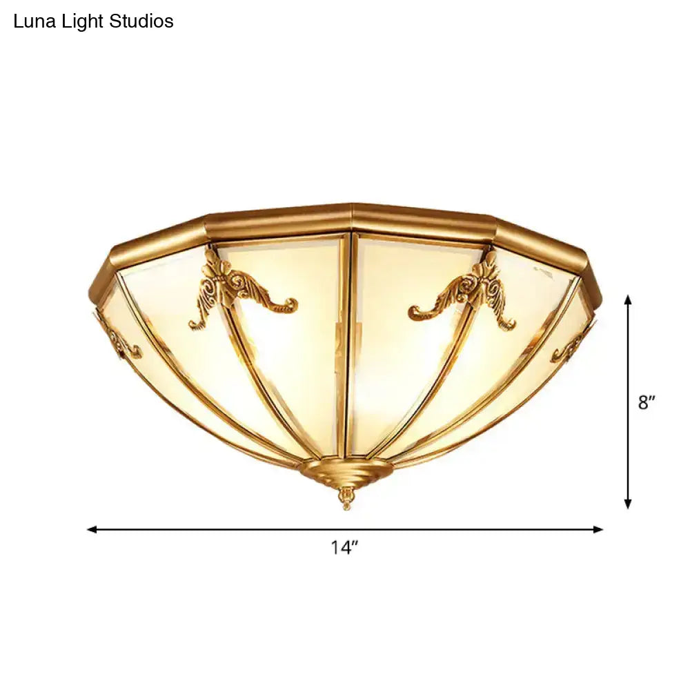 Traditional Flush Mount Ceiling Light With Frosted Glass Shade - Brass Finish 14’/18’ Width 3/4