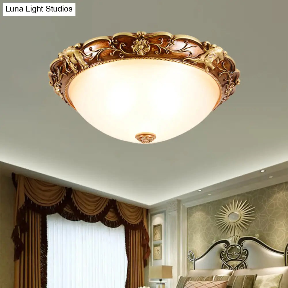 Traditional Flush Mount Ceiling Lighting With Floral And Elephant Deco In Brown - 3 - Light Bowl