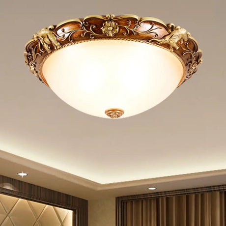 Traditional Flush Mount Ceiling Lighting With Floral And Elephant Deco In Brown - 3 - Light Bowl