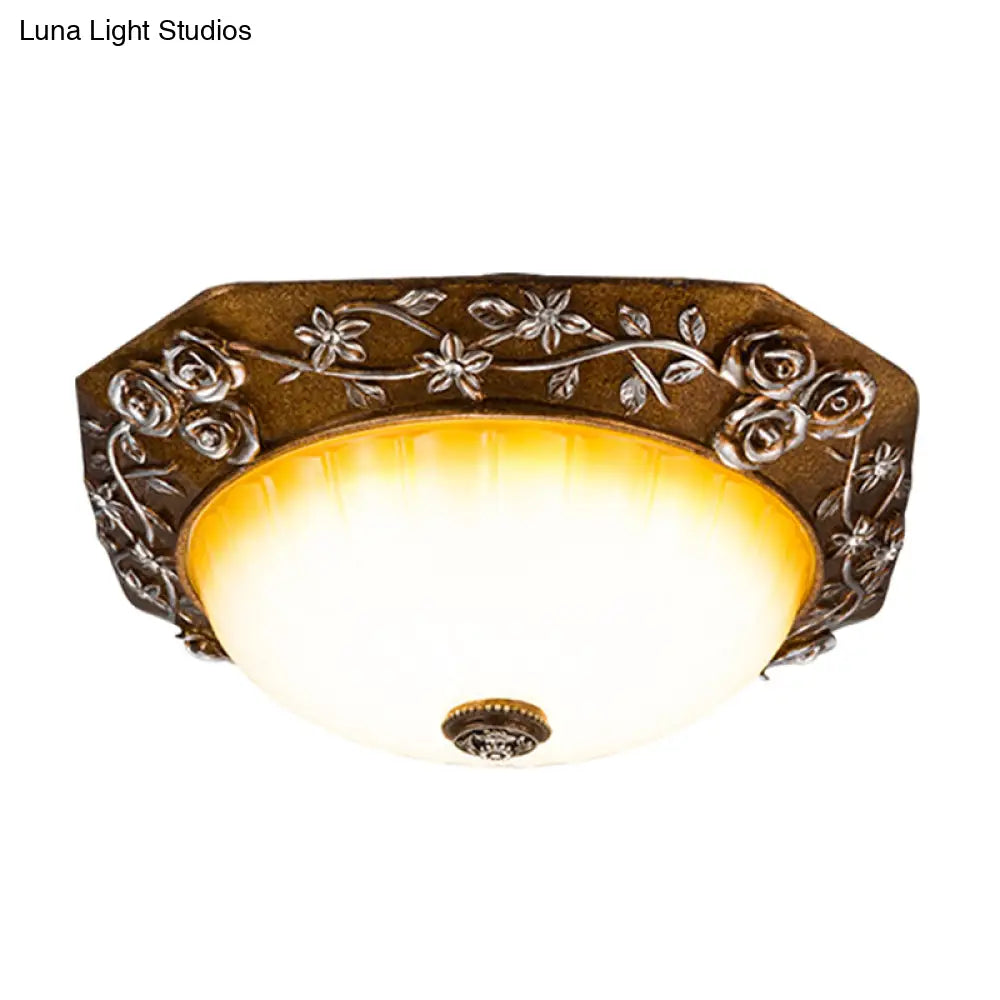 Traditional Flush Mount Led Ceiling Light With Carved Bloom Design In Brown 14/16 Wide