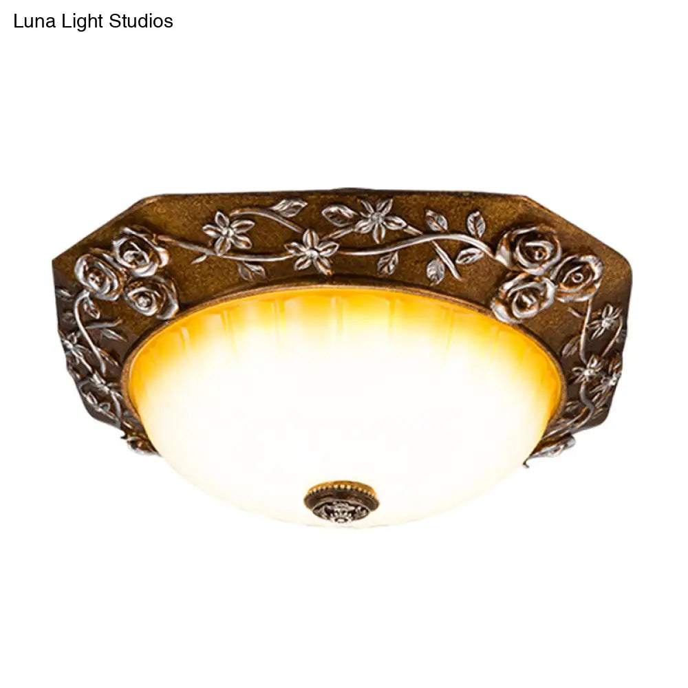 Traditional Flush Mount Led Ceiling Light With Carved Bloom Design In Brown 14’/16’ Wide
