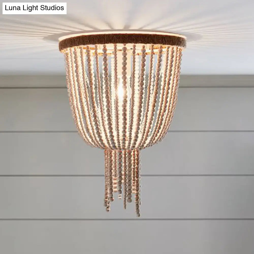 Traditional Flushmount Wood Flush Ceiling Lamp With White Bead Chain - 1 Bulb Bedroom Lighting