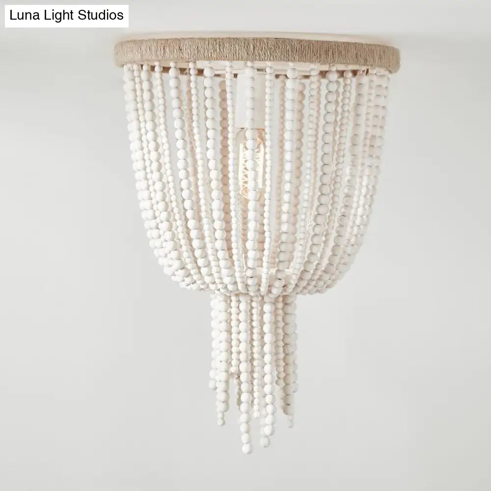 Traditional Flushmount Wood Flush Ceiling Lamp With White Bead Chain - 1 Bulb Bedroom Lighting