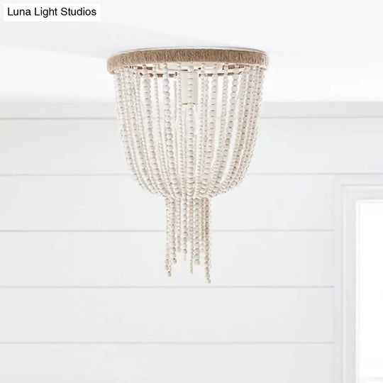 Traditional Flushmount Wood Flush Ceiling Lamp With White Bead Chain - 1 Bulb Bedroom Lighting