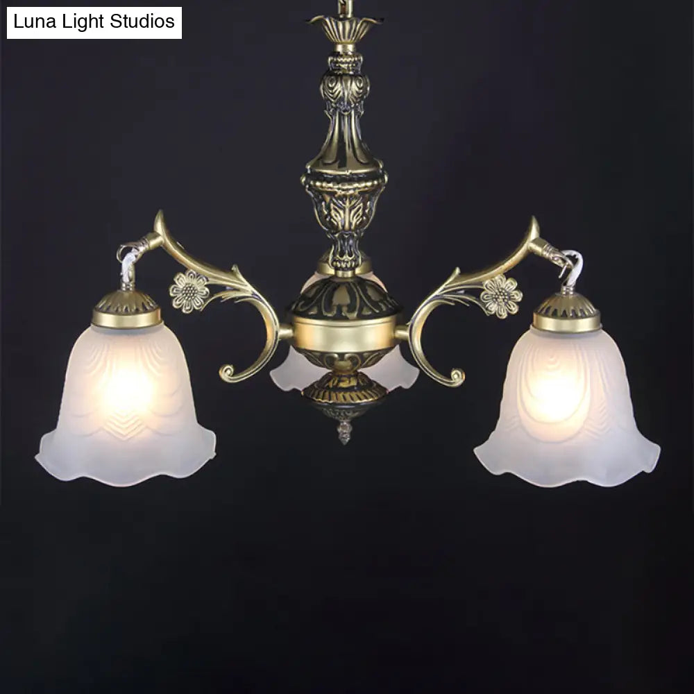 Traditional Frosted Glass 3-Light Bronze Finish Chandelier With Ruffle Bedroom Hanging Light Kit