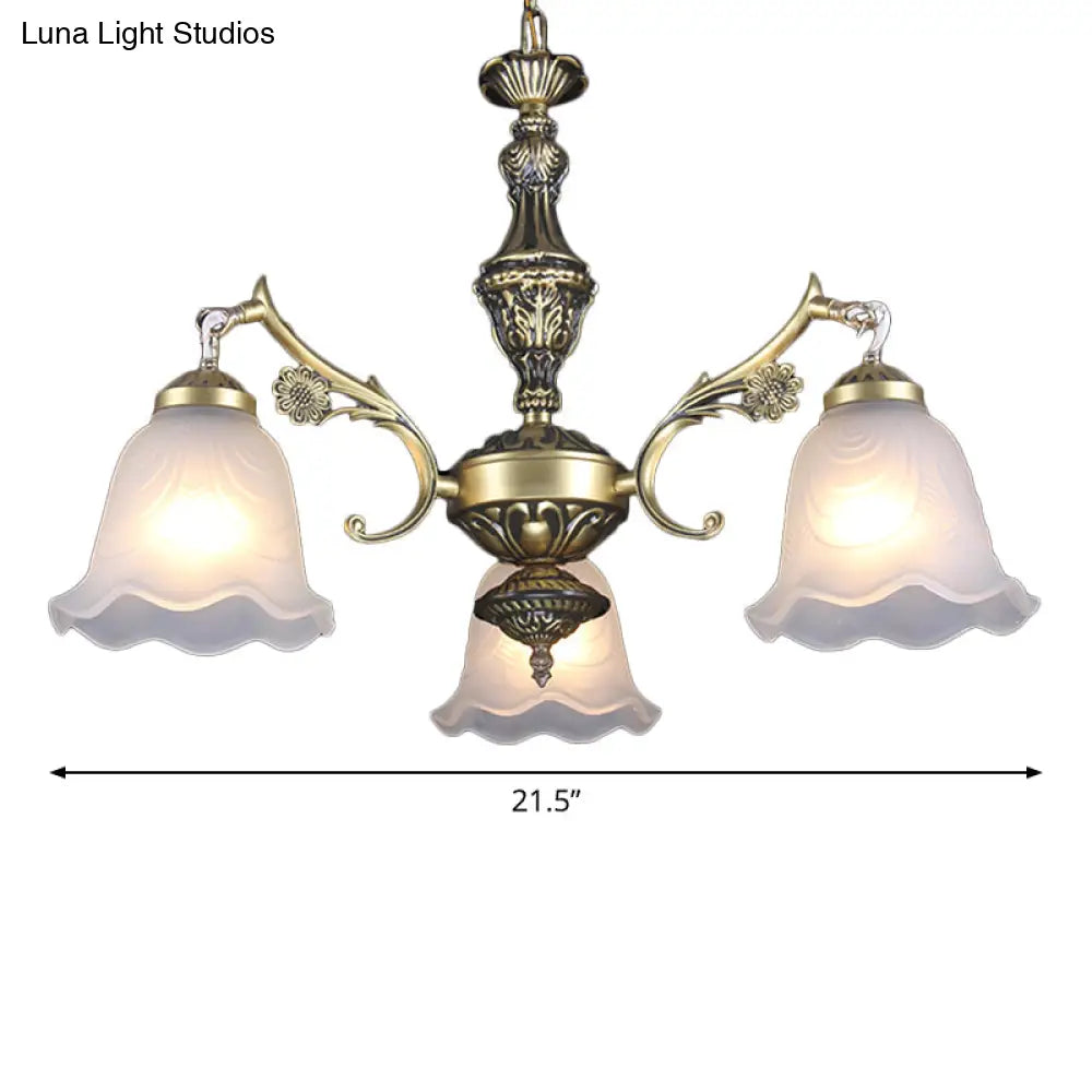 Traditional Frosted Glass 3-Light Bronze Finish Chandelier With Ruffle Bedroom Hanging Light Kit