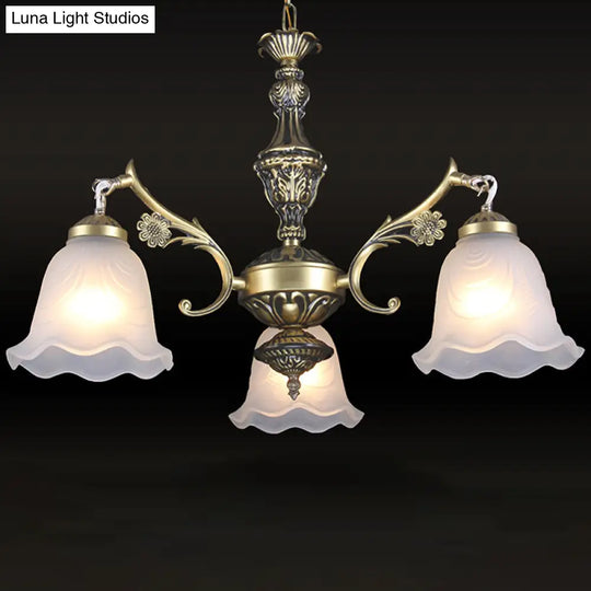 Traditional Frosted Glass 3-Light Bronze Finish Chandelier With Ruffle Bedroom Hanging Light Kit