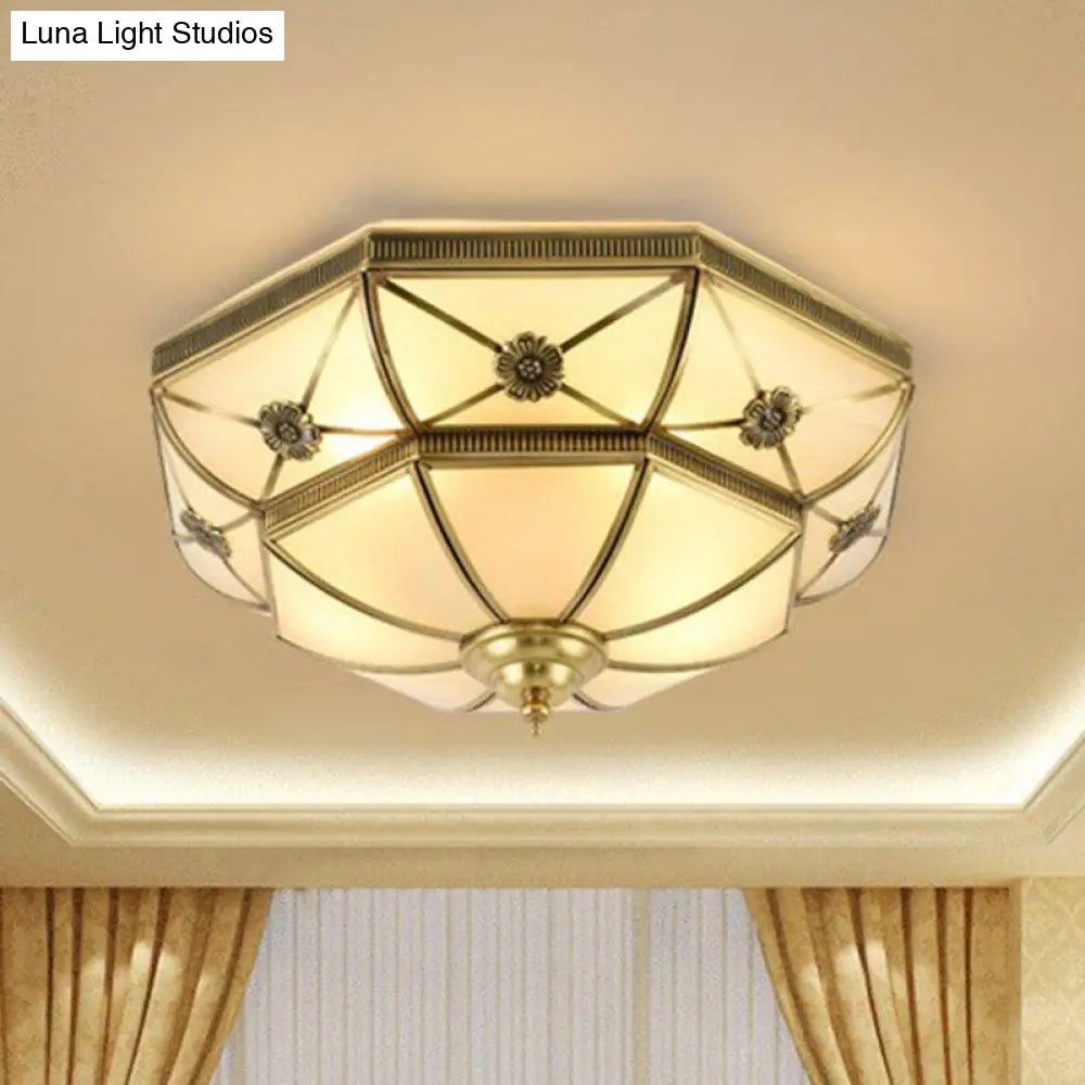 Traditional Frosted Glass Bedroom Flushmount Ceiling Lamp With Brass Basket Design