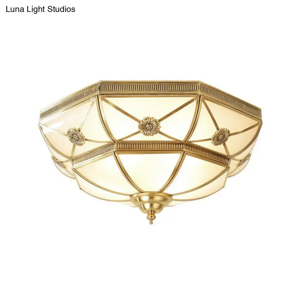 Traditional Frosted Glass Bedroom Flushmount Ceiling Lamp With Brass Basket Design