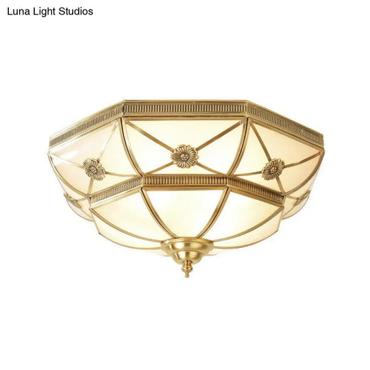 Traditional Frosted Glass Bedroom Flushmount Ceiling Lamp With Brass Basket Design