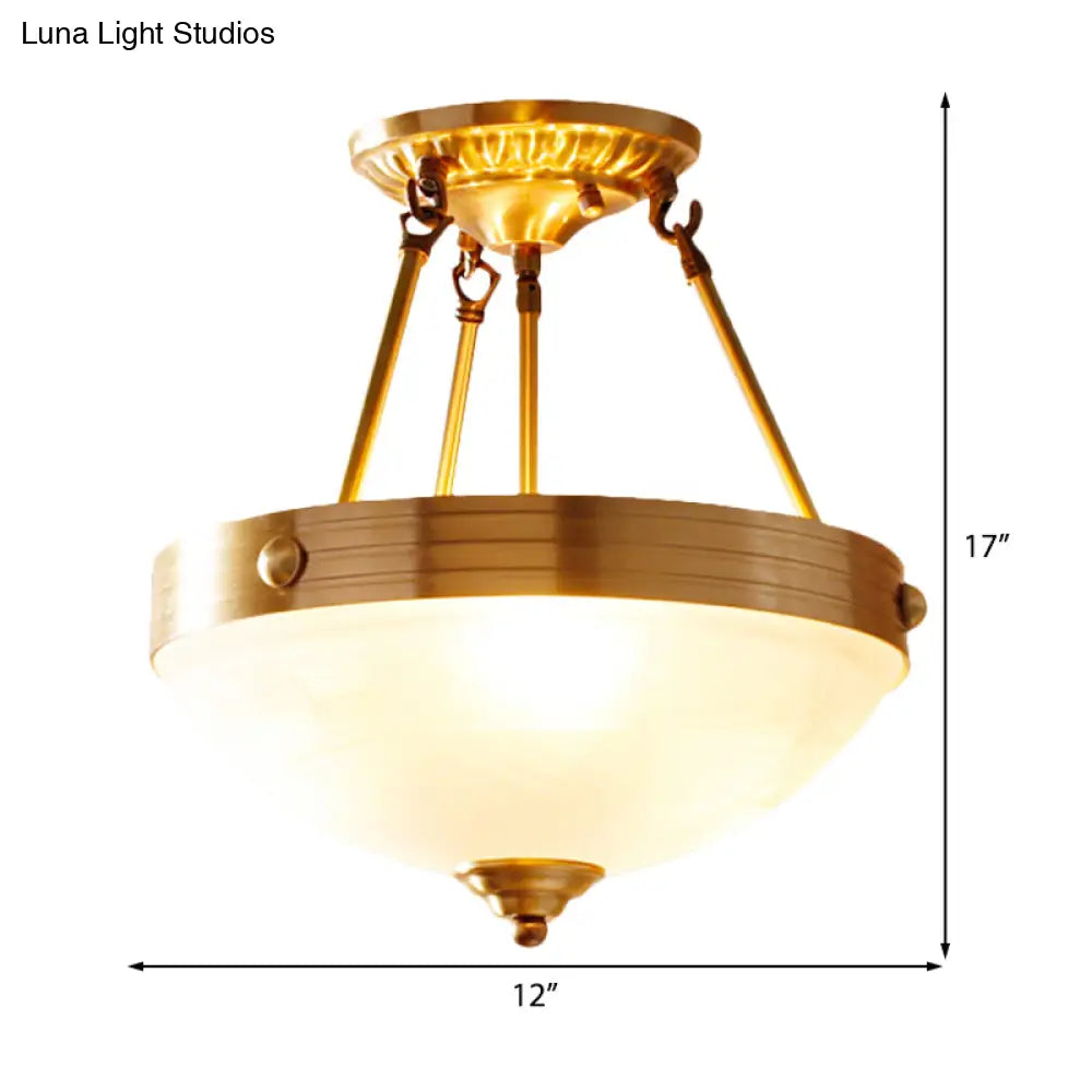 Traditional Frosted Glass Bowl Semi Flush Light - Gold 3 Lights For Dining Room 12’/16’/19.5’ Wide