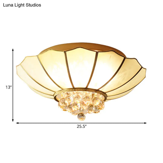 Traditional Frosted Glass Dome Flush Mount Chandelier With Crystal Drop - Brass Ceiling Fixture