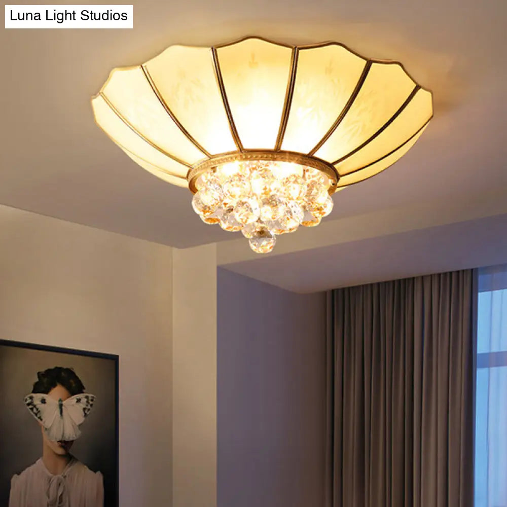 Traditional Frosted Glass Dome Flush Mount Chandelier With Crystal Drop - Brass Ceiling Fixture