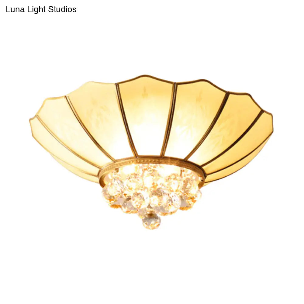 Traditional Frosted Glass Dome Flush Mount Chandelier With Crystal Drop - Brass Ceiling Fixture