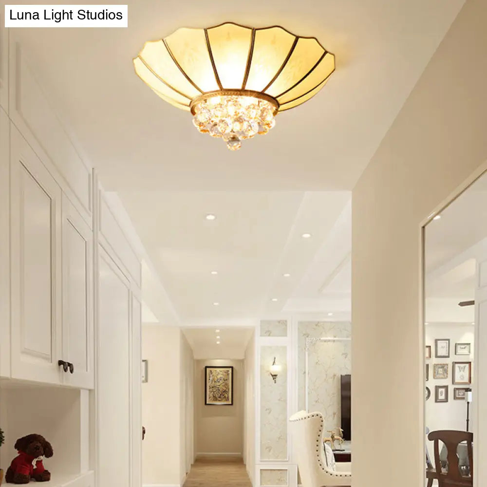 Traditional Frosted Glass Dome Flush Mount Chandelier With Crystal Drop - Brass Ceiling Fixture