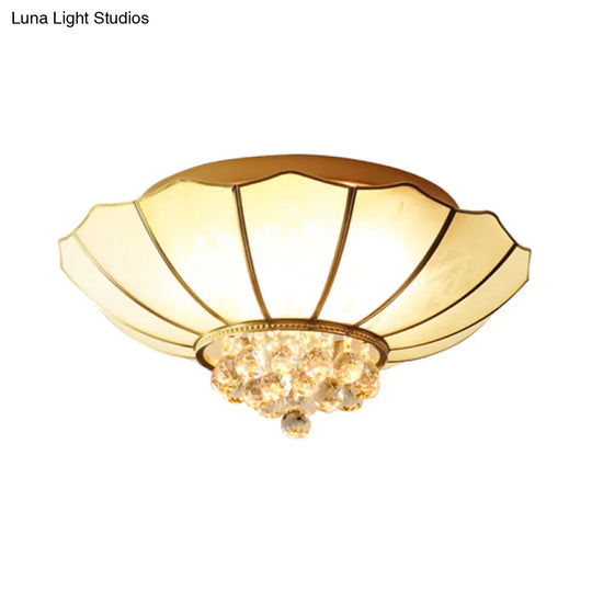 Traditional Frosted Glass Dome Flush Mount Chandelier With Crystal Drop - Brass Ceiling Fixture