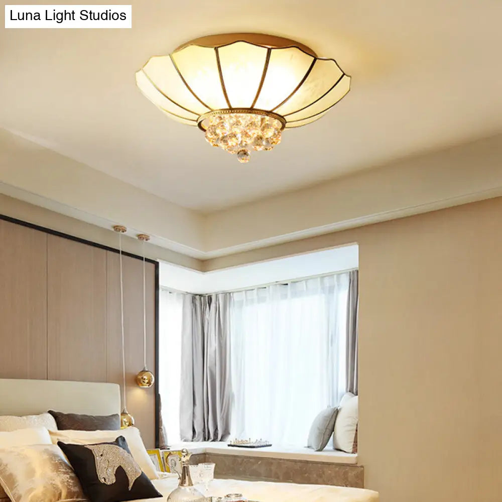 Traditional Frosted Glass Dome Flush Mount Chandelier With Crystal Drop - Brass Ceiling Fixture