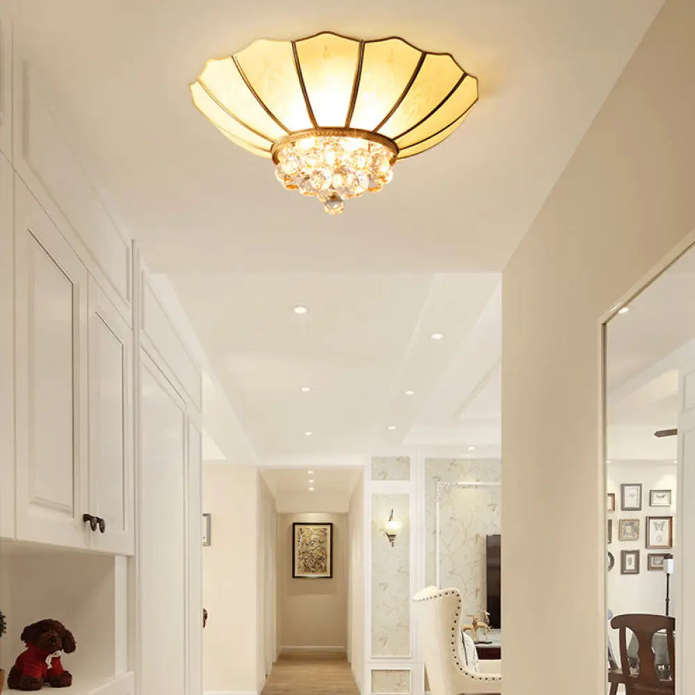 Traditional Frosted Glass Dome Flush Mount Chandelier With Crystal Drop - Brass Ceiling Fixture