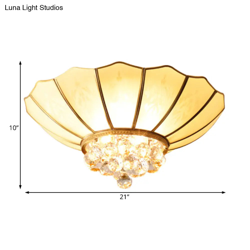 Traditional Frosted Glass Dome Flush Mount Chandelier With Crystal Drop - Brass Ceiling Fixture