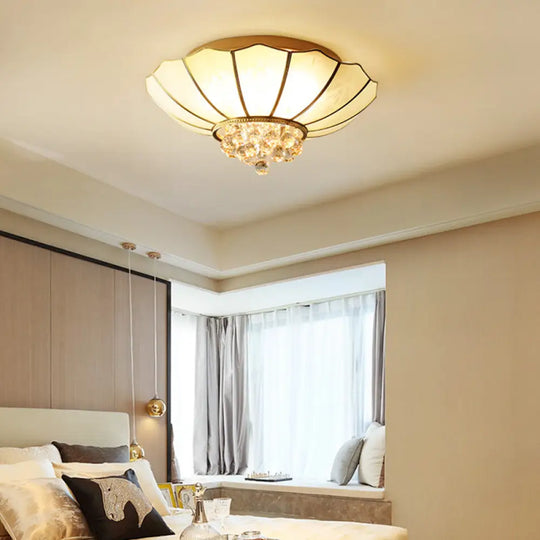 Traditional Frosted Glass Dome Flush Mount Chandelier With Crystal Drop - Brass Ceiling Fixture