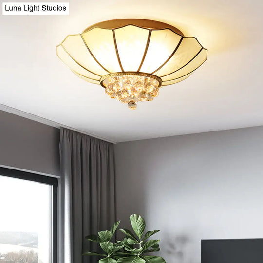 Traditional Frosted Glass Dome Flush Mount Chandelier With Crystal Drop - Brass Ceiling Fixture