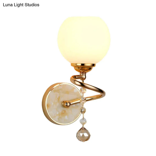 Traditional Frosted Glass Dome Sconce Light With Crystal Ball And Gold/Chrome Wall Mount