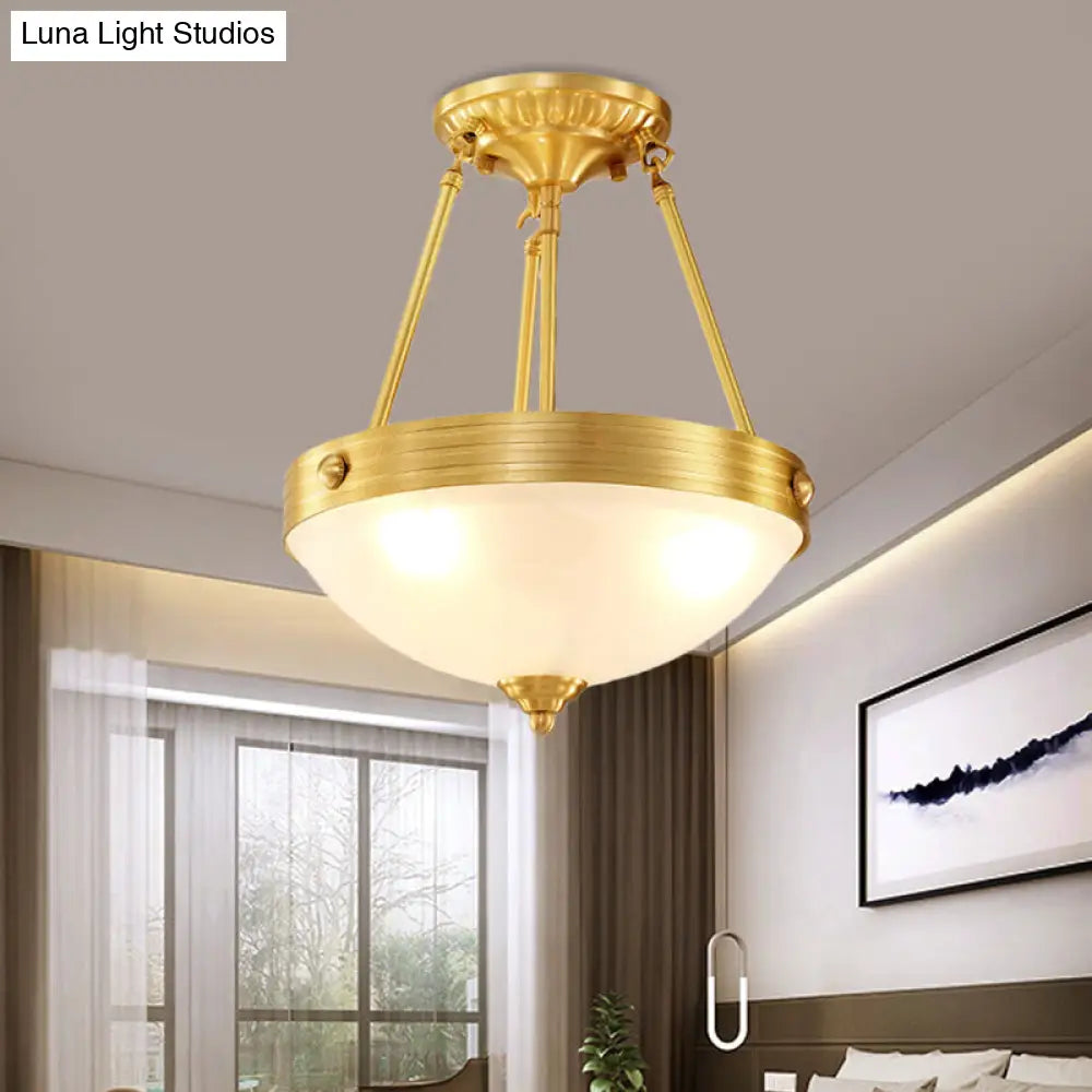 Traditional Frosted Glass Dome Semi Flush Mount Bedroom Ceiling Light 3 Lights Brass Finish