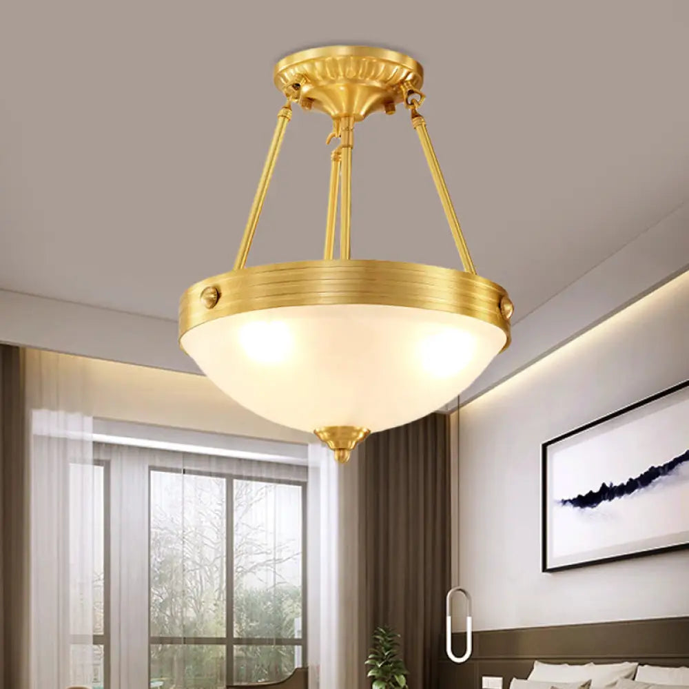 Traditional Frosted Glass Dome Semi Flush Mount Bedroom Ceiling Light 3 Lights Brass Finish