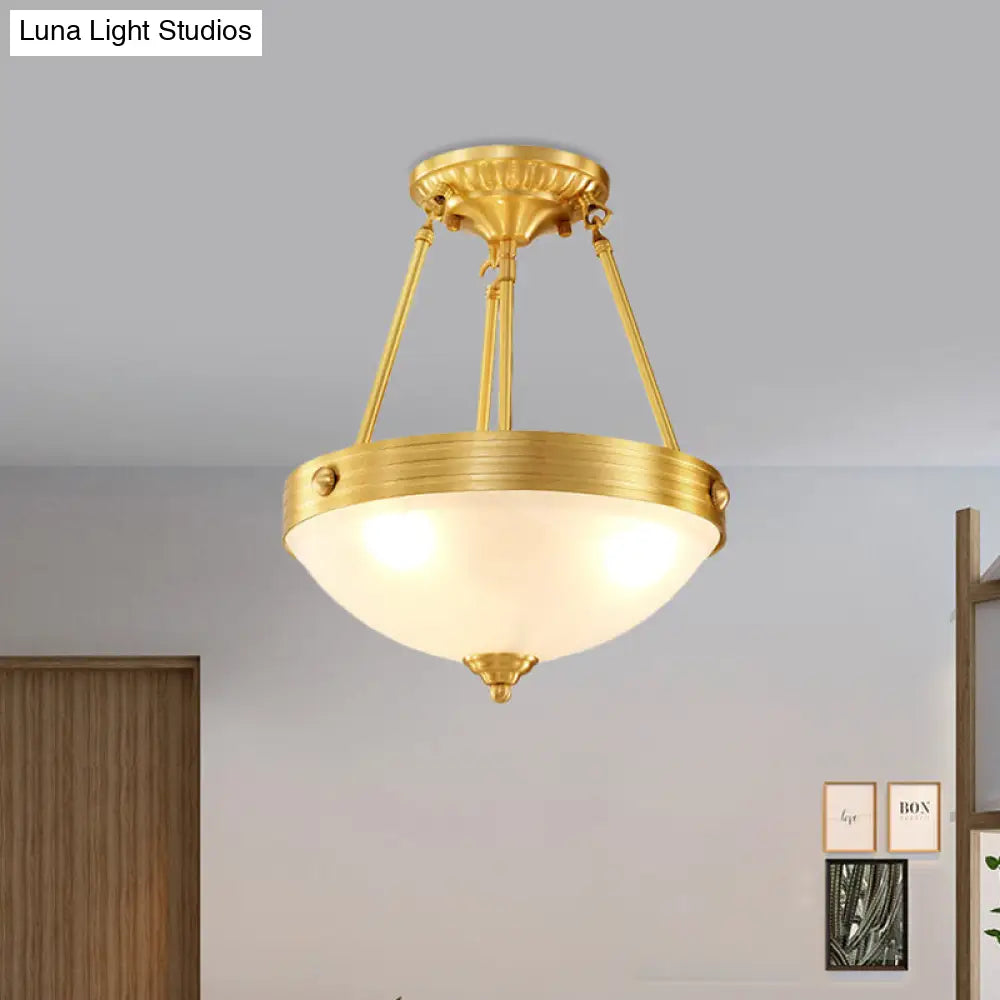 Traditional Frosted Glass Dome Semi Flush Mount Bedroom Ceiling Light 3 Lights Brass Finish