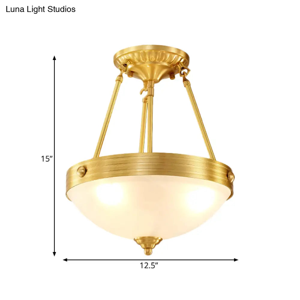 Traditional Frosted Glass Dome Semi Flush Mount Bedroom Ceiling Light 3 Lights Brass Finish