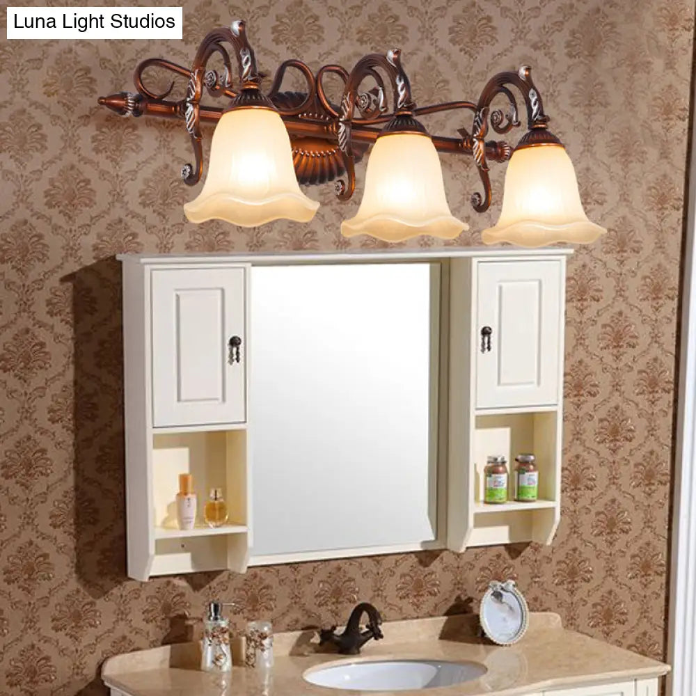 Traditional Frosted Glass Flared Bathroom Vanity Lamp With Copper Sconce 1/2/3 Light Fixture