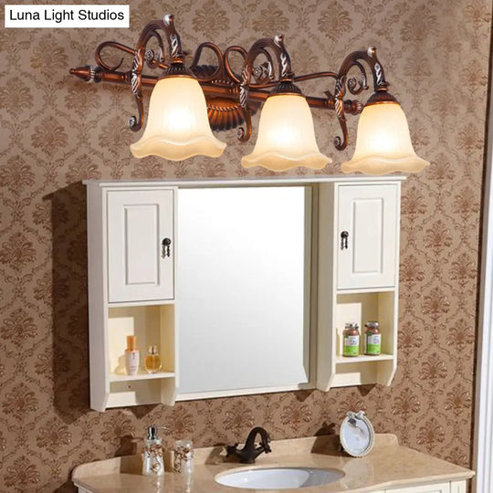 Traditional Frosted Glass Flared Bathroom Vanity Lamp With Copper Sconce 1/2/3 Light Fixture