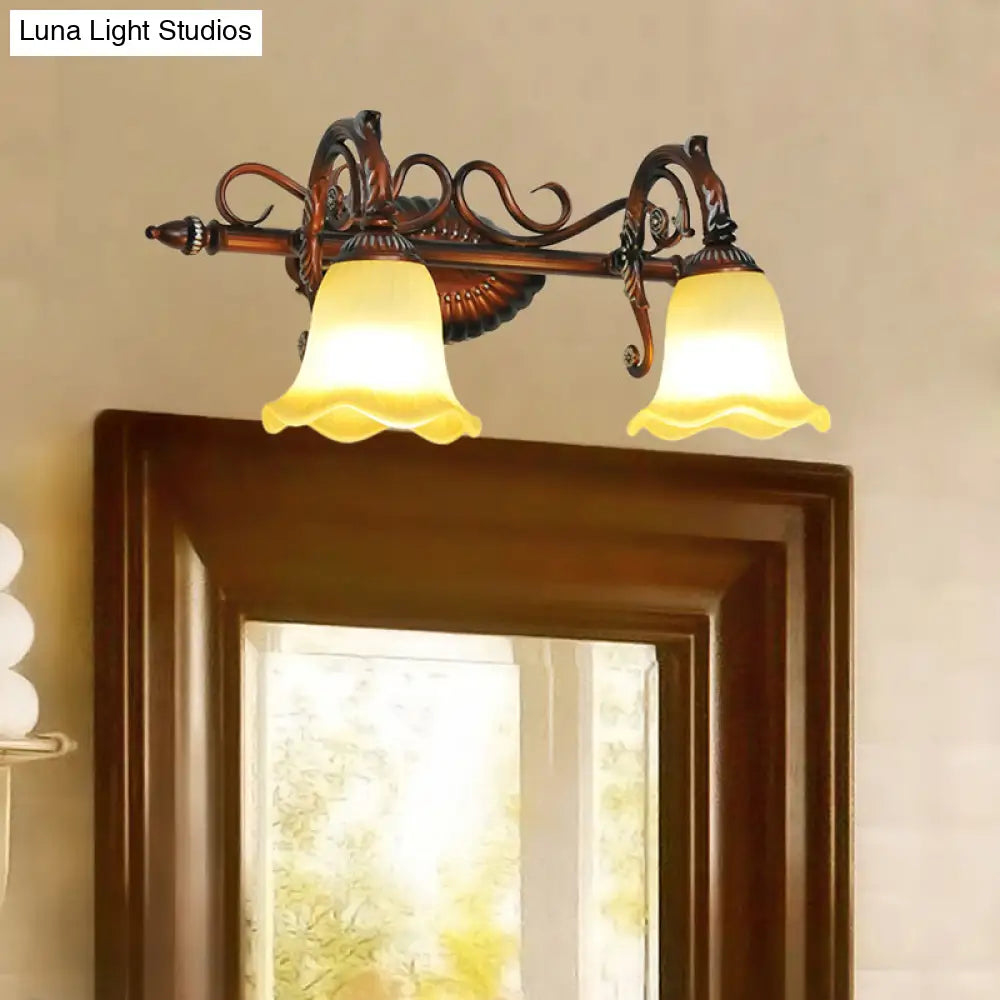 Traditional Frosted Glass Flared Bathroom Vanity Lamp With Copper Sconce 1/2/3 Light Fixture