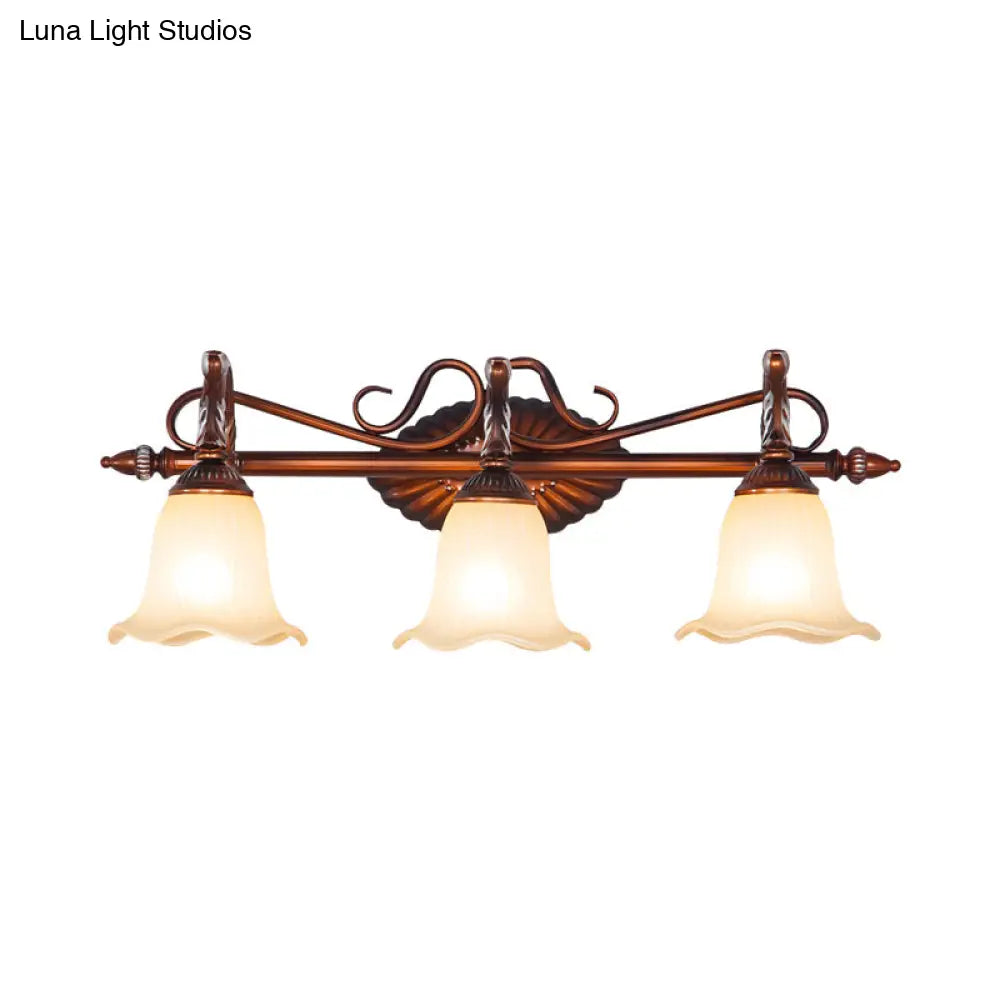 Traditional Frosted Glass Flared Bathroom Vanity Lamp With Copper Sconce 1/2/3 Light Fixture