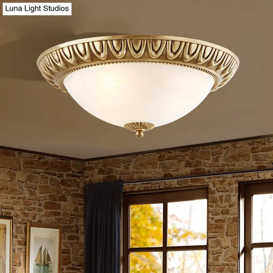 Traditional Frosted Glass Flush Mount Ceiling Light With 4 Brass Lights - Ideal For Living Room