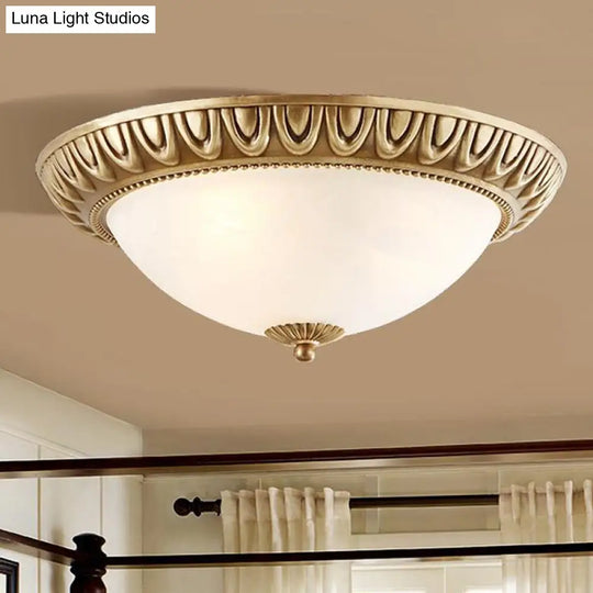 Traditional Frosted Glass Flush Mount Ceiling Light With 4 Brass Lights - Ideal For Living Room