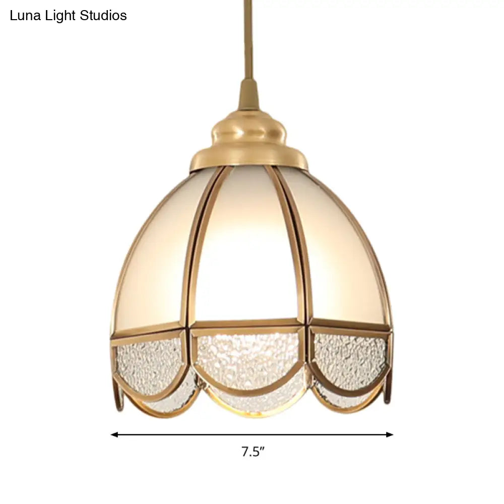 Traditional Frosted Glass Hanging Lamp Kit In Brass - 1 Light Pendant For Dining Room