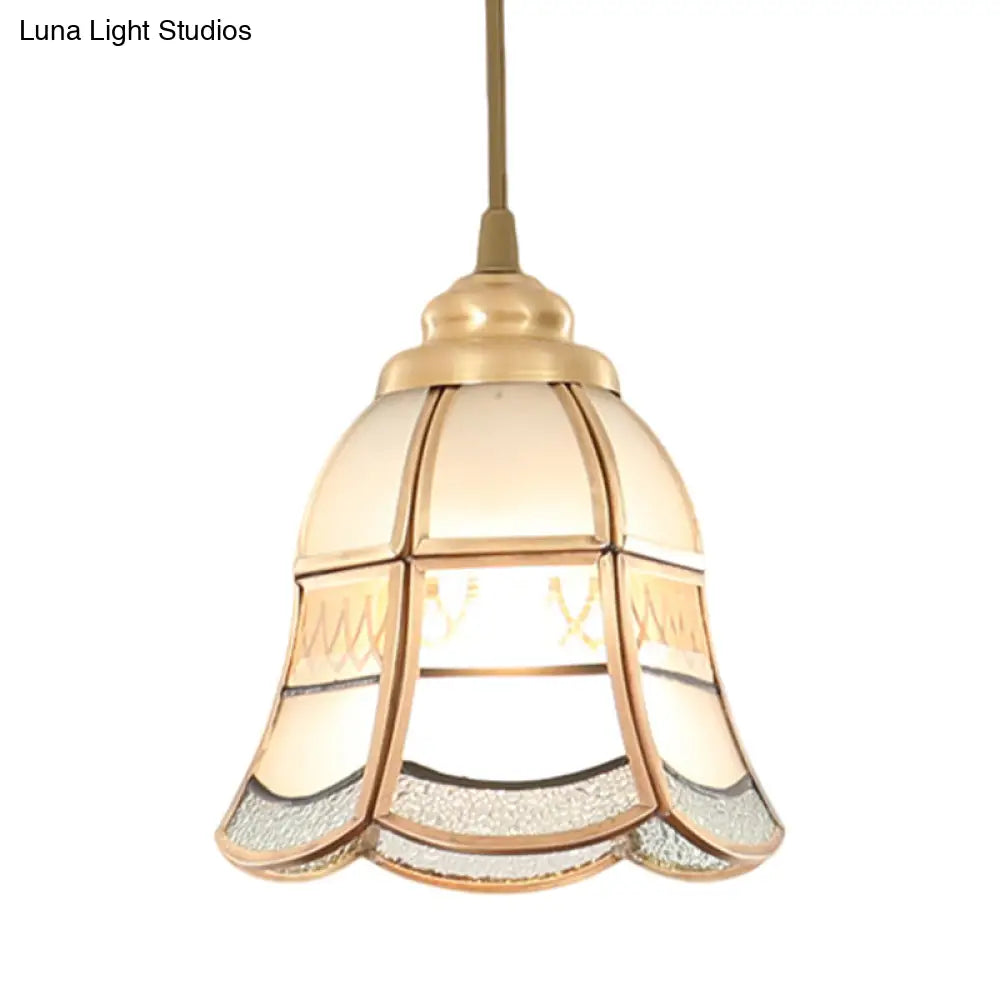 Traditional Frosted Glass Hanging Lamp Kit In Brass - 1 Light Pendant For Dining Room