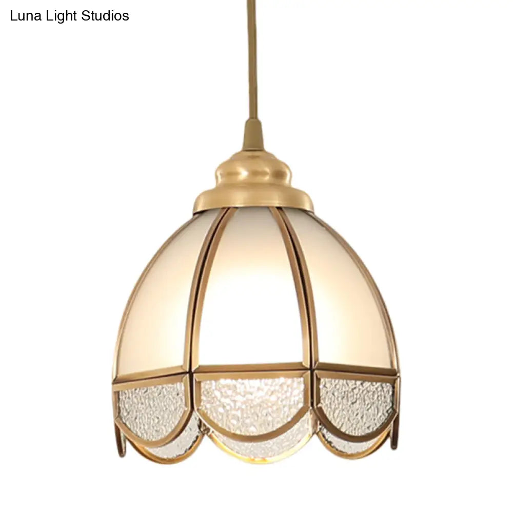 Traditional Frosted Glass Hanging Lamp Kit In Brass - 1 Light Pendant For Dining Room