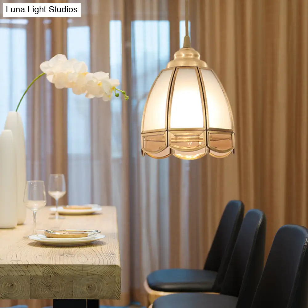 Traditional Frosted Glass Hanging Lamp Kit In Brass - 1 Light Pendant For Dining Room