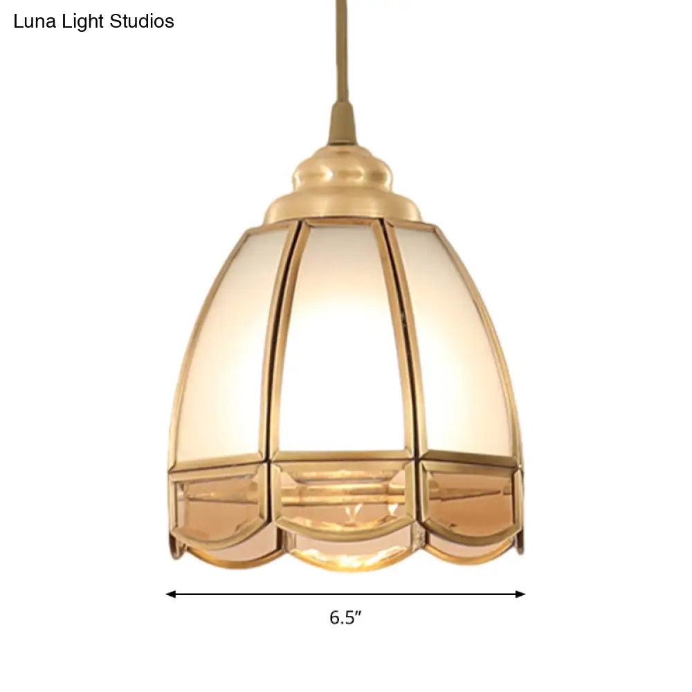 Traditional Frosted Glass Hanging Lamp Kit In Brass - 1 Light Pendant For Dining Room