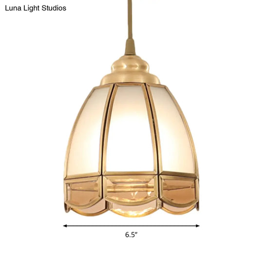 Traditional Frosted Glass Hanging Lamp Kit In Brass - 1 Light Pendant For Dining Room